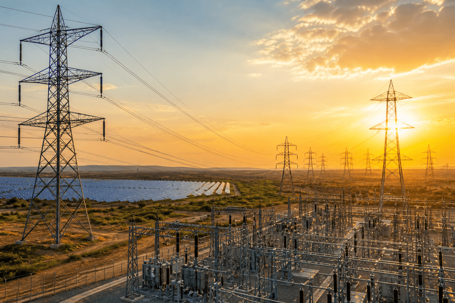 High-voltage transmission infrastructure and solar generation illustrating the open access charge stack that determines landed cost of power in India