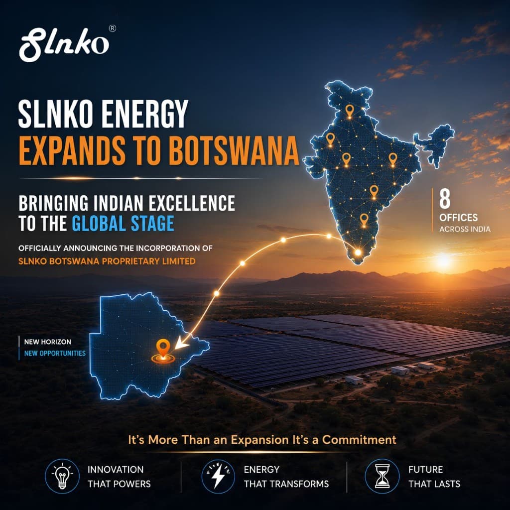 Announcement graphic for SLNKO Energy incorporating SLNKO Botswana in Gaborone, featuring India connected to Botswana over a solar farm landscape